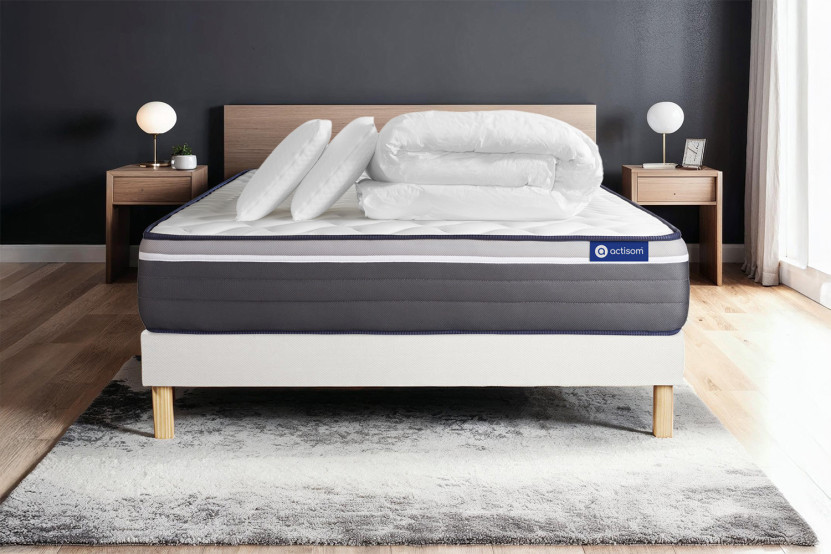Pack lit complet 160x200 cm - Matelas + Sommier Blanc (en kit) + 2 oreillers + Couette - Actiflex Plus