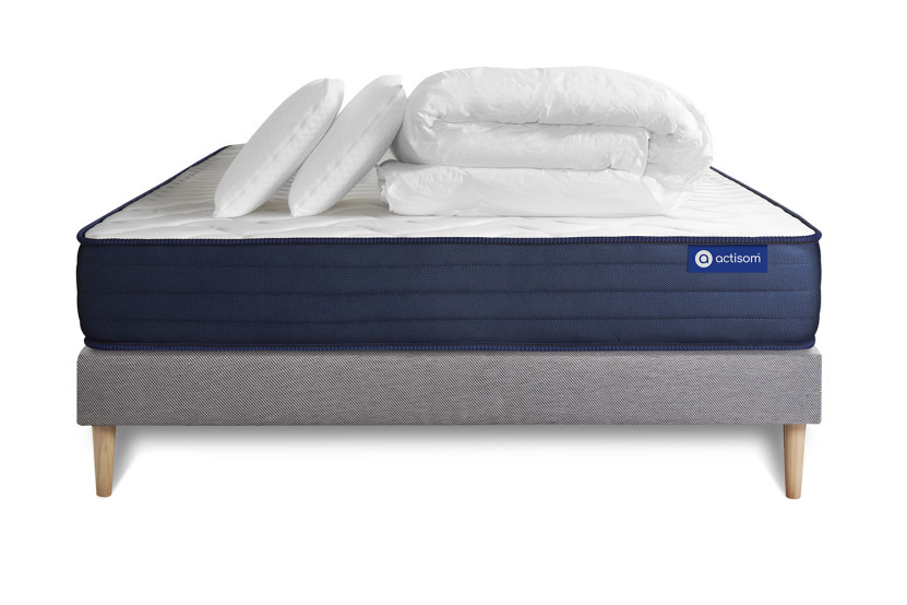 Pack lit complet 200x200 cm - Matelas + Sommier Gris (en kit) + 2 oreillers + Couette - Actilatex Life