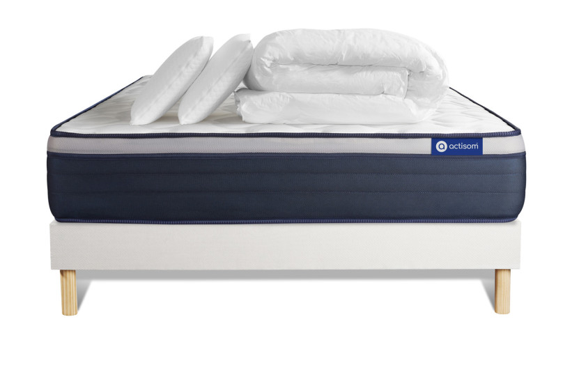 Pack lit complet 200x200 cm - Matelas + Sommier Blanc (en kit) + 2 oreillers + Couette - Actiflex Max