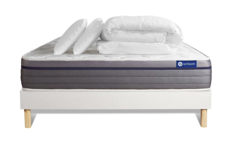 Pack lit complet 160x200 cm - Matelas + Sommier Blanc (en kit) + 2 oreillers + Couette - Actilatex Zen