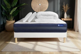 Pack lit complet 140x200 cm - Matelas + Sommier Blanc (en kit) + 2 oreillers + Couette - Actiflex Tech