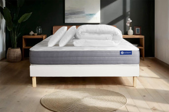 Pack lit complet 140x190 cm - Matelas + Sommier Blanc (en kit) + 2 oreillers + Couette - Actiflex Dream