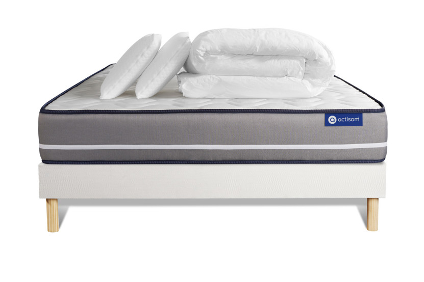 Pack lit complet 140x200 cm - Matelas + Sommier Blanc (en kit) + 2 oreillers + Couette - Actilatex Pur