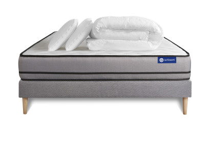 Pack lit complet 140x190 cm - Matelas + Sommier Gris (en kit) + 2 oreillers + Couette - Actimemo Night