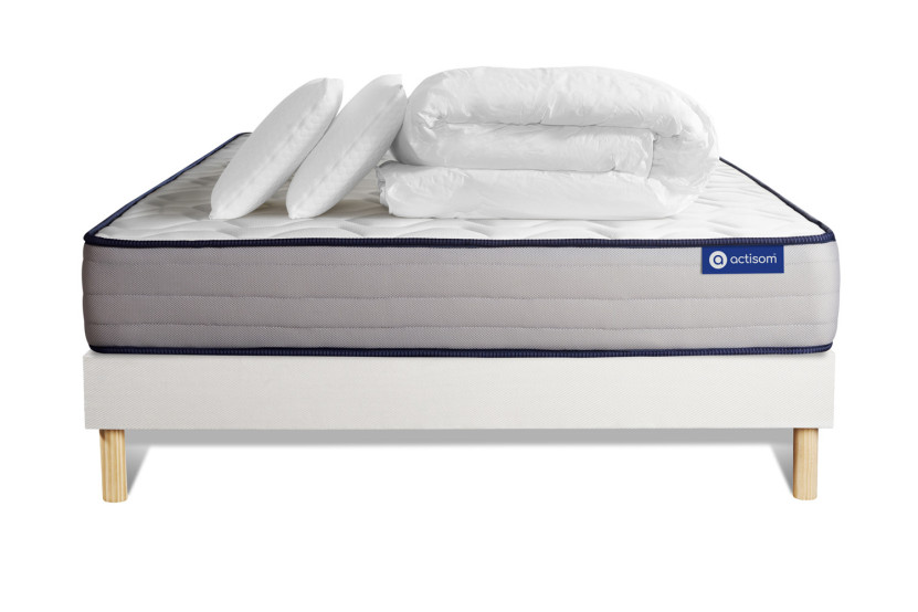 Pack lit complet 140x200 cm - Matelas + Sommier Blanc (en kit) + 2 oreillers + Couette - Actimemo Form