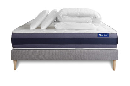 Pack lit complet 140x190 cm - Matelas + Sommier Gris (en kit) + 2 oreillers + Couette - Actimemo Morpho