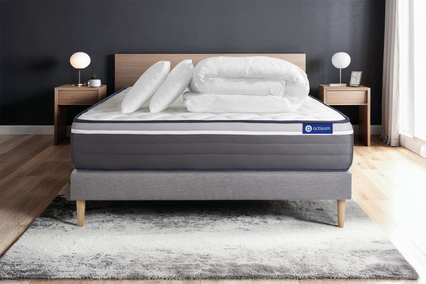 Pack lit complet 200x200 cm - Matelas + Sommier Gris (en kit) + 2 oreillers + Couette - Actiflex Plus