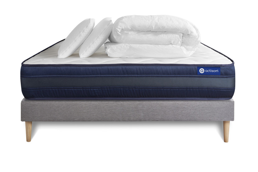 Pack lit complet 180x200 cm - Matelas + Sommier Gris (en kit) + 2 oreillers + Couette - Actimemo Tech