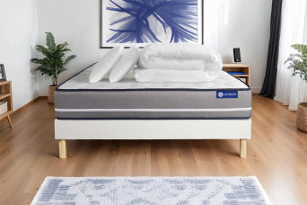 Pack lit complet 140x190 cm - Matelas + Sommier Blanc (en kit) + 2 oreillers + Couette - Actilatex Pur