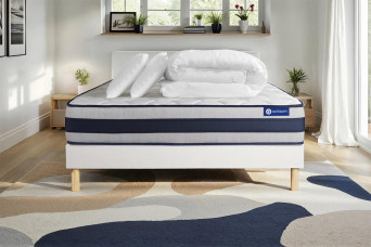 Pack lit complet 140x200 cm - Matelas + Sommier Blanc (en kit) + 2 oreillers + Couette - Actiflex Ergo