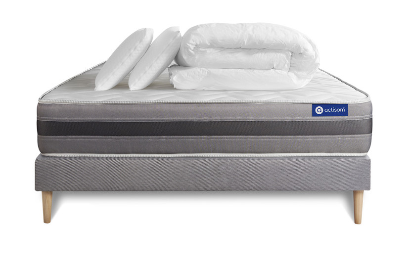 Pack lit complet 180x200 cm - Matelas + Sommier Gris (en kit) + 2 oreillers + Couette - Actiflex Relax