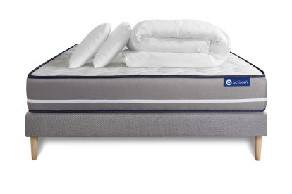 Pack lit complet 140x190 cm - Matelas + Sommier Gris (en kit) + 2 oreillers + Couette - Actimemo Pur
