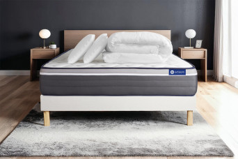Pack lit complet 180x200 cm - Matelas + Sommier Blanc (en kit) + 2 oreillers + Couette - Actiflex Plus