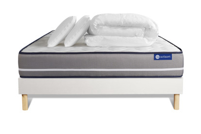 Pack lit complet 140x190 cm - Matelas + Sommier Blanc (en kit) + 2 oreillers + Couette - Actilatex Pur