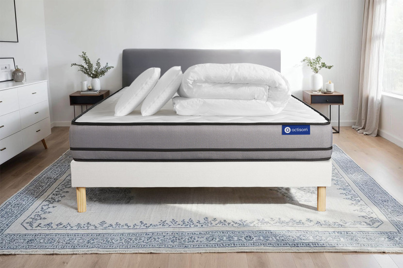 Pack lit complet 140x200 cm - Matelas + Sommier Blanc (en kit) + 2 oreillers + Couette - Actilatex Night