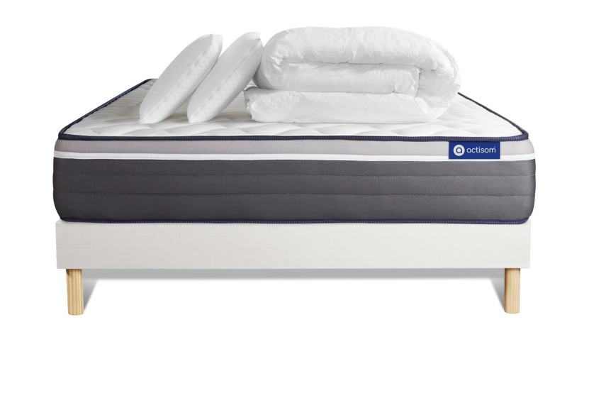 Pack lit complet 140x190 cm - Matelas + Sommier Blanc (en kit) + 2 oreillers + Couette - Actiflex Plus