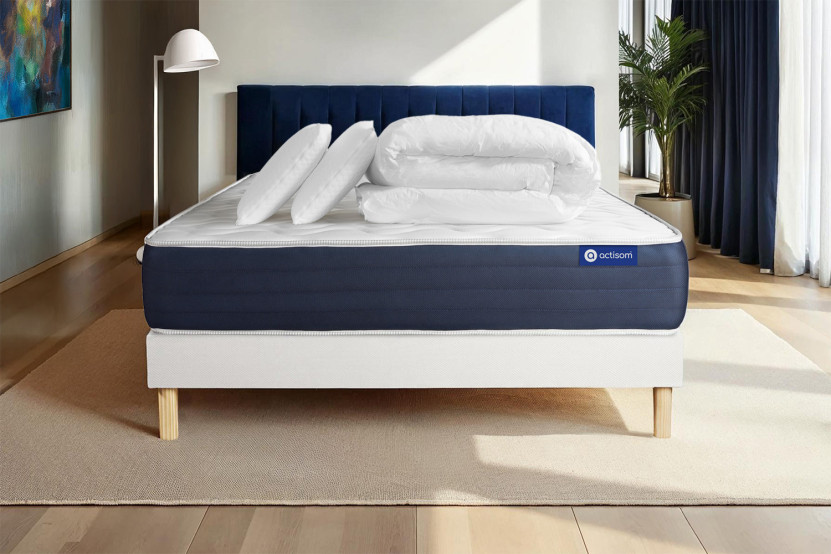 Pack lit complet 180x200 cm - Matelas + Sommier Blanc (en kit) + 2 oreillers + Couette - Actilatex Sleep