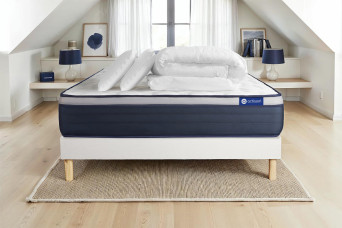 Pack lit complet 140x200 cm - Matelas + Sommier Blanc (en kit) + 2 oreillers + Couette - Actiflex Max