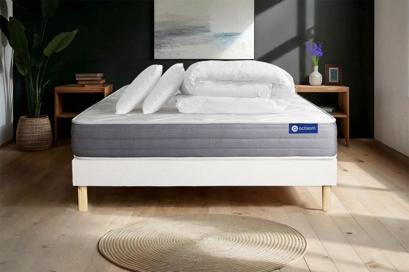 Pack lit complet 180x200 cm - Matelas + Sommier Blanc (en kit) + 2 oreillers + Couette - Actilatex Dream