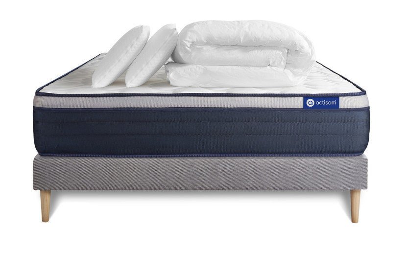 Pack lit complet 140x200 cm - Matelas + Sommier Gris (en kit) + 2 oreillers + Couette - Actimemo Max