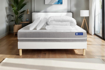Pack lit complet 140x190 cm - Matelas + Sommier Blanc (en kit) + 2 oreillers + Couette - Actilatex Touch