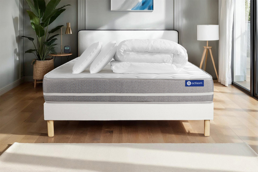 Pack lit complet 140x190 cm - Matelas + Sommier Blanc (en kit) + 2 oreillers + Couette - Actilatex Touch