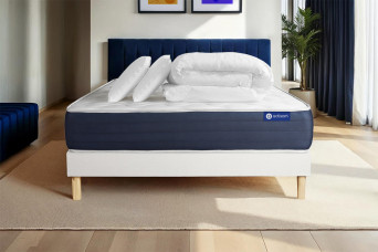 Pack lit complet 160x200 cm - Matelas + Sommier Blanc (en kit) + 2 oreillers + Couette - Actimemo Sleep