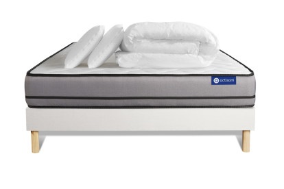 Pack lit complet 180x200 cm - Matelas + Sommier Blanc (en kit) + 2 oreillers + Couette - Actimemo Night