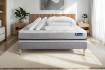 Pack lit complet 200x200 cm - Matelas + Sommier Gris (en kit) + 2 oreillers + Couette - Actimemo Soft