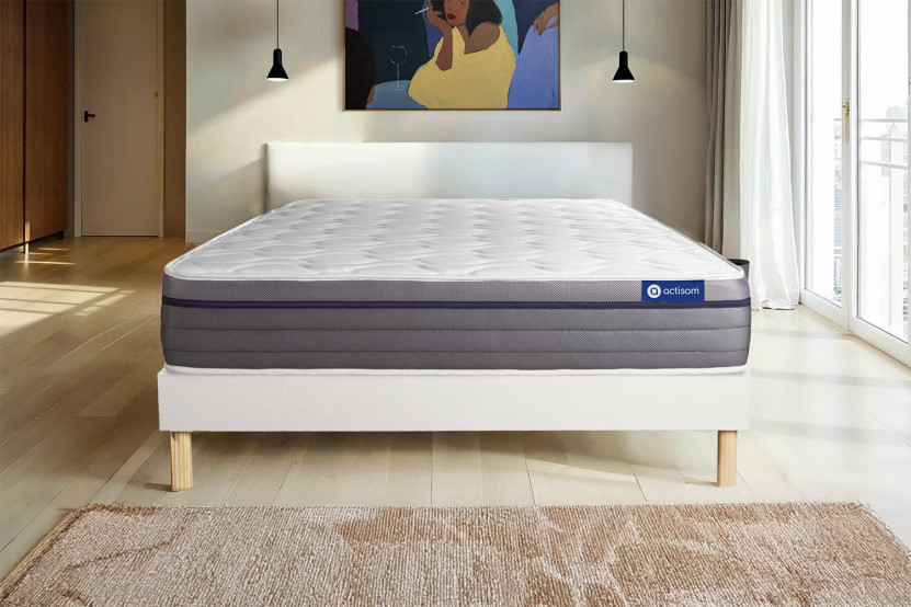 Ensemble Matelas Sommier 150x200 cm - Sommier Blanc (en kit) - ActiMemo Zen