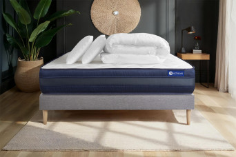 Pack lit complet 140x200 cm - Matelas + Sommier Gris (en kit) + 2 oreillers + Couette - Actimemo Tech