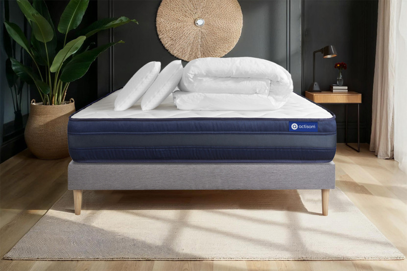 Pack lit complet 140x200 cm - Matelas + Sommier Gris (en kit) + 2 oreillers + Couette - Actimemo Tech
