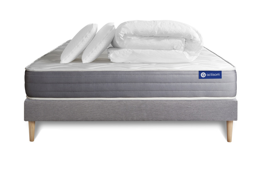 Pack lit complet 160x200 cm - Matelas + Sommier Gris (en kit) + 2 oreillers + Couette - Actimemo Dream