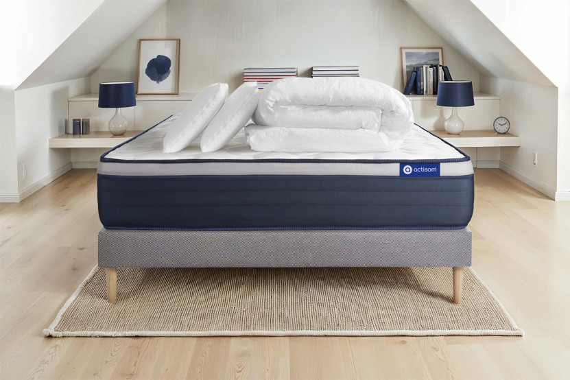 Pack lit complet 180x200 cm - Matelas + Sommier Gris (en kit) + 2 oreillers + Couette - Actimemo Max