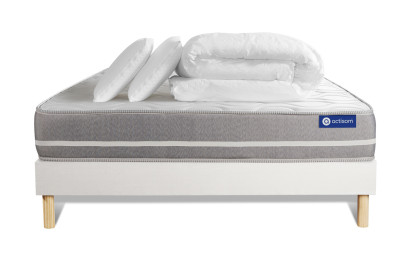 Pack lit complet 140x200 cm - Matelas + Sommier Blanc (en kit) + 2 oreillers + Couette - Actimemo Touch