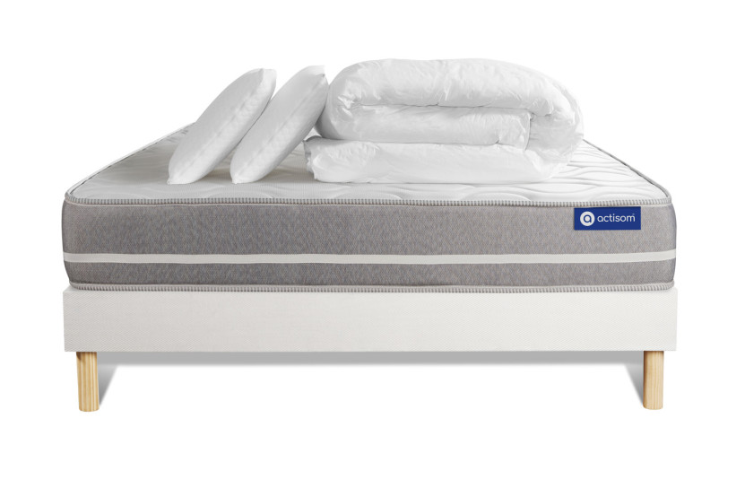 Pack lit complet 140x200 cm - Matelas + Sommier Blanc (en kit) + 2 oreillers + Couette - Actimemo Touch