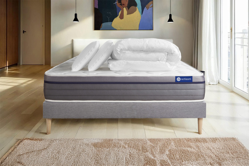Pack lit complet 180x200 cm - Matelas + Sommier Gris (en kit) + 2 oreillers + Couette - ActiMemo Zen