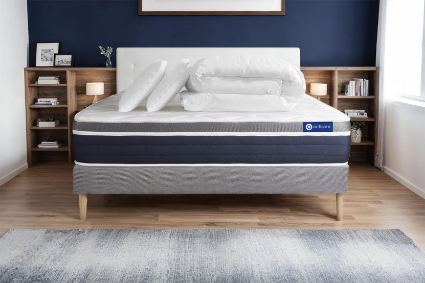 Pack lit complet 180x200 cm - Matelas + Sommier Gris (en kit) + 2 oreillers + Couette - Actilatex Confort