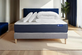 Pack lit complet 140x200 cm - Matelas + Sommier Gris (en kit) + 2 oreillers + Couette - Actiflex Sleep