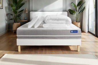 Pack lit complet 140x200 cm - Matelas + Sommier Blanc (en kit) + 2 oreillers + Couette - Actiflex Touch