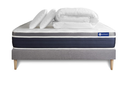 Pack lit complet 200x200 cm - Matelas + Sommier Gris (en kit) + 2 oreillers + Couette - Actilatex Confort