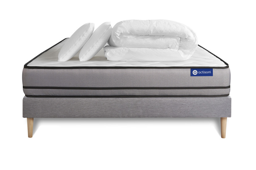 Pack lit complet 140x190 cm - Matelas + Sommier Gris (en kit) + 2 oreillers + Couette - Actilatex Night