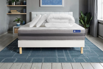 Pack lit complet 160x200 cm - Matelas + Sommier Blanc (en kit) + 2 oreillers + Couette - Actimemo Relax