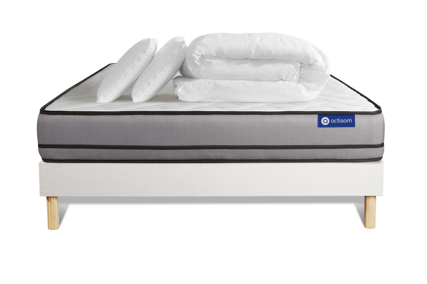 Pack lit complet 200x200 cm - Matelas + Sommier Blanc (en kit) + 2 oreillers + Couette - Actimemo Night