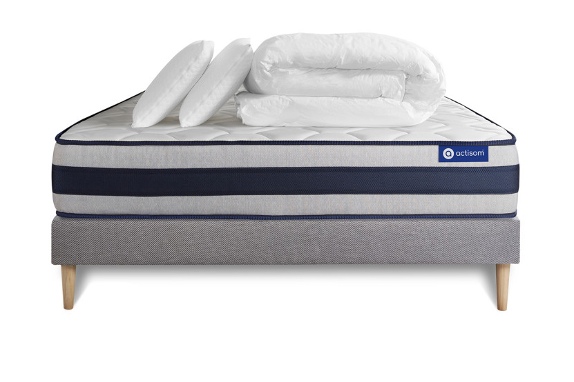 Pack lit complet 180x200 cm - Matelas + Sommier Gris (en kit) + 2 oreillers + Couette - Actimemo Ergo