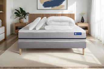 Pack lit complet 140x200 cm - Matelas + Sommier Gris (en kit) + 2 oreillers + Couette - Actiflex Soft
