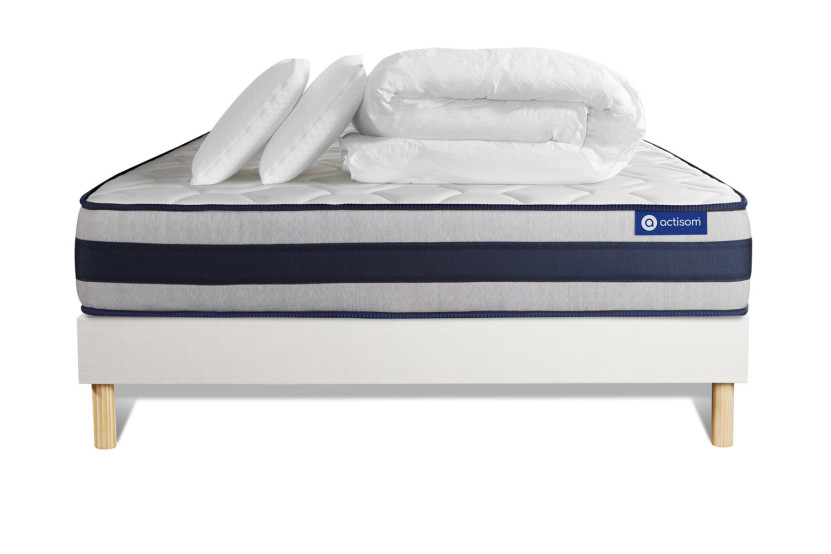 Pack lit complet 160x200 cm - Matelas + Sommier Blanc (en kit) + 2 oreillers + Couette - Actimemo Ergo