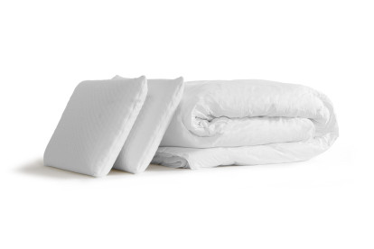 Pack lit complet 200x200 cm - Matelas + Sommier Gris (en kit) + 2 oreillers + Couette - Actilatex Soft
