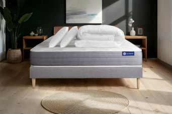 Pack lit complet 140x190 cm - Matelas + Sommier Gris (en kit) + 2 oreillers + Couette - Actiflex Dream