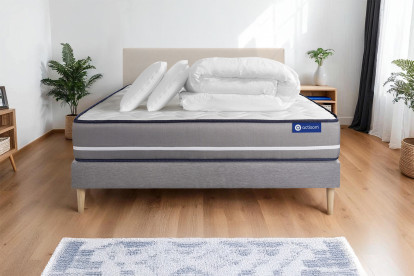 Pack lit complet 160x200 cm - Matelas + Sommier Gris (en kit) + 2 oreillers + Couette - Actiflex Pur